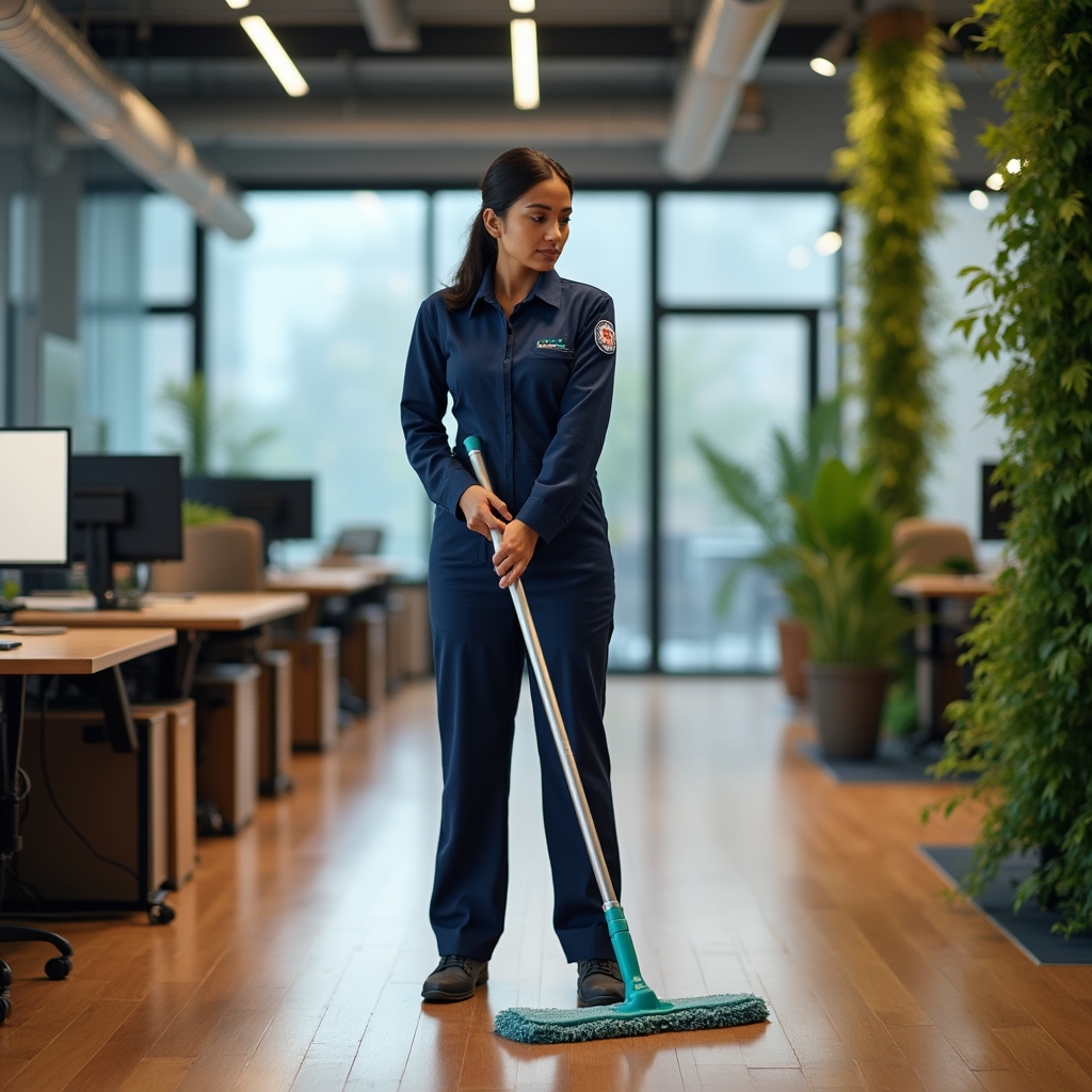Operatore che pulisce un ufficio moderno con attrezzatura professionale