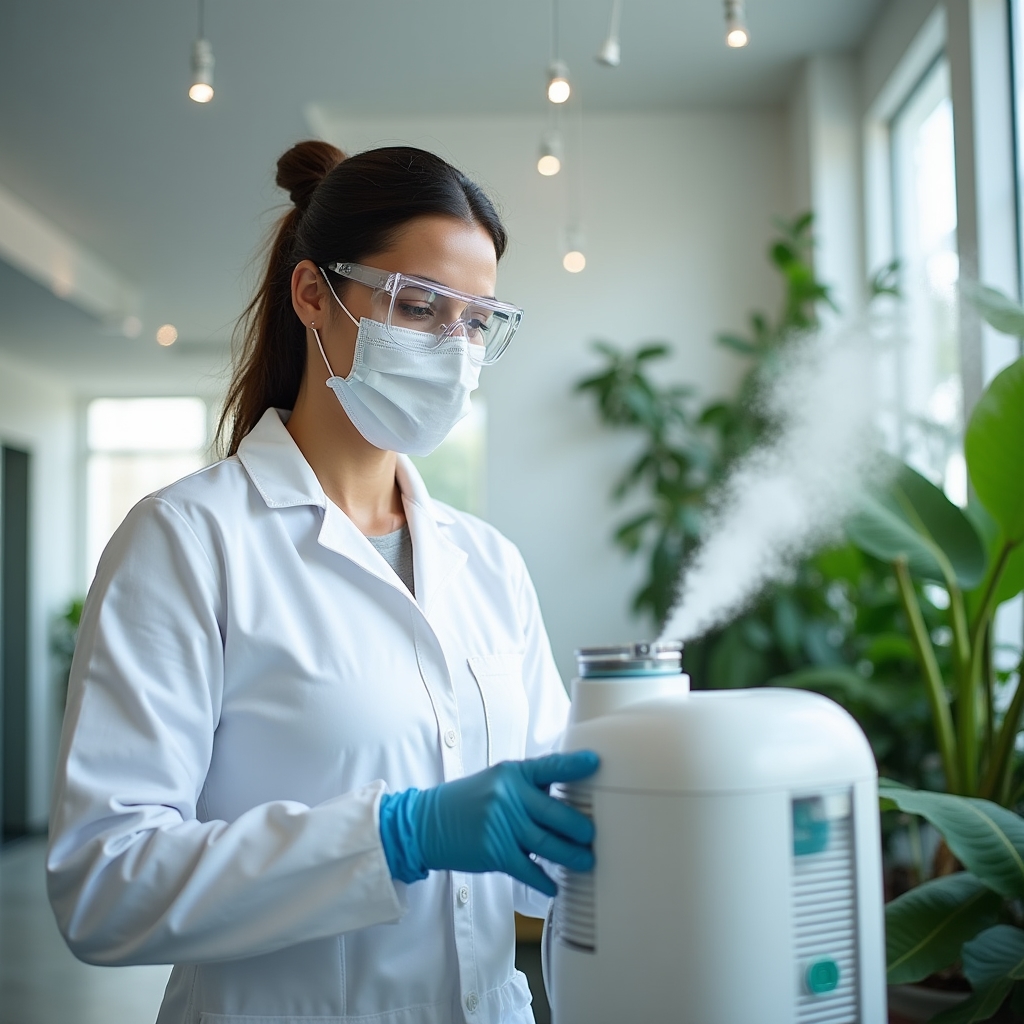 Tecnico in tuta protettiva che sanifica un ambiente commerciale con nebulizzatore